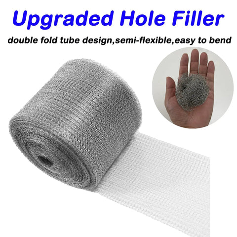 Stainless Steel Wire Mesh Roll For Mice Control 5 Inch By 36 Feet Upgrade Hole Filler shown with flexible hand-held piece.