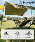 Man relaxing under Waterproof 10x10.5 Ft Tarp Shelter For Camping And Backpacking Ripstop 210T Canopy With UV Protection