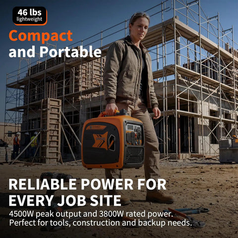 Person carrying 4500-Watts Portable Inverter Generator for Home, Camping and RV Use, Whisper Quiet 58dB at construction site