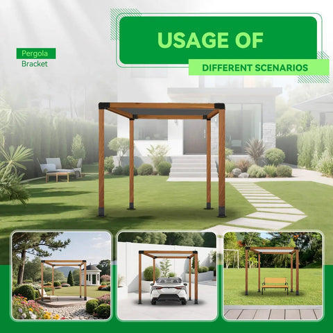 3-Way Right Angle Pergola Brackets Kit for 4x4 Posts displayed as pergola structure in various outdoor settings.