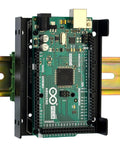 Arduino Mega mounted on aluminum DIN rail bracket, showing Din Rail Mount Bracket For Raspberry Pi A Plus B Plus 2B 3B 3B Plus 4B Zero And Arduino Uno Mega Mkr BeagleBone Rack Mount Rack Ready Industrial Grade For Industrial Control And Prototyping