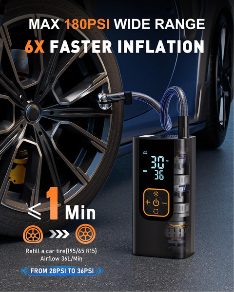 Portable Tire Inflator Air Compressor 180 PSI With Digital Pressure Gauge inflating car tire, LED display, 6X faster airflow.