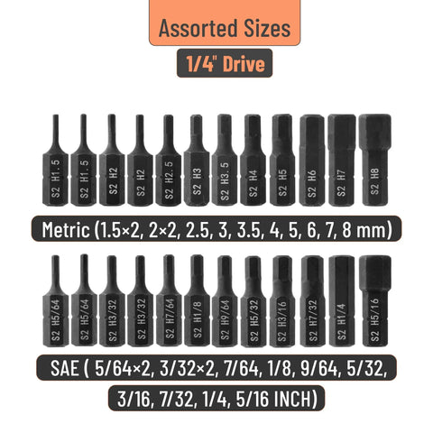 Hex Head Allen Wrench Drill Bit Set 25 Piece Kit S2 Steel Magnetic Bits With Quarter Inch Hex Shank Metric And SAE Sizes