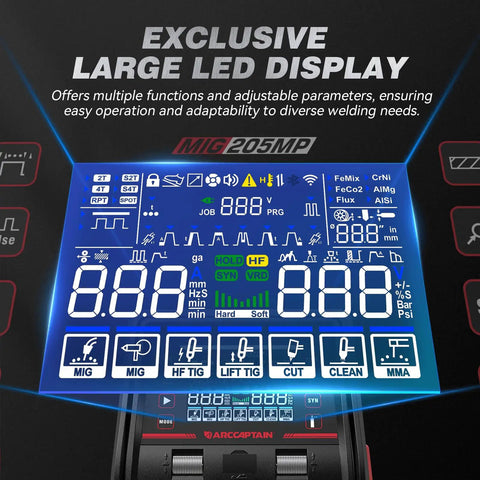 Close-up of large LED display on 9 In 1 MIG TIG Stick Plasma Cutter Welding Machine with App Control, showing welding modes.