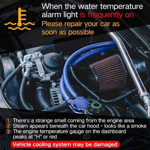 Car engine with highlighted water temperature alarm and cooling system warning