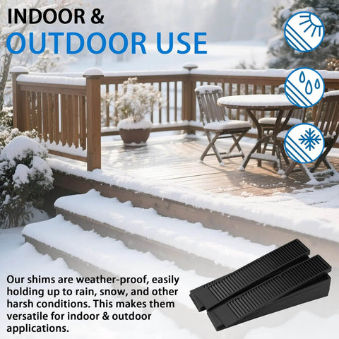 Outdoor deck with snow, showing Eight Pack 8 Inch Plastic Composite Shims for Furniture Doors Toilets and Tables with extreme load support.
