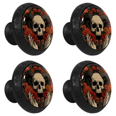 4 Pack Skeleton Flower Cabinet Knobs, 1.37 Inch Round Drawer Pulls For Kitchen Cabinets, Dressers, And Closets with skull design