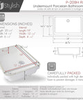 Rectangular Porcelain Undermount Bathroom Sink, 20.38 By 14.25 Inches, Sleek Shiny Finish, Stain Resistant, Smooth Surface, Chrome And Matte Black Overflow, Modern Durability For Any Bath, Model P-209H, with dimensions and packaging details.
