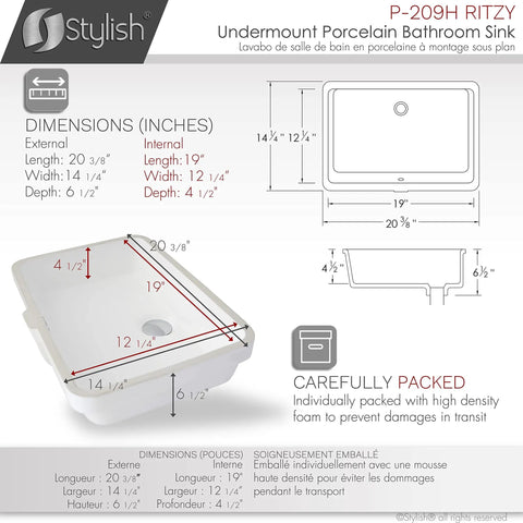 Rectangular Porcelain Undermount Bathroom Sink, 20.38 By 14.25 Inches, Sleek Shiny Finish, Stain Resistant, Smooth Surface, Chrome And Matte Black Overflow, Modern Durability For Any Bath, Model P-209H, with dimensions and packaging details.