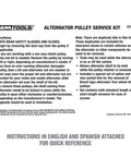 Instructions for OEM Tools Alternator Pulley Service Kit featuring safety guidelines and usage notes for kit operation.