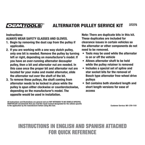 Instructions for OEM Tools Alternator Pulley Service Kit featuring safety guidelines and usage notes for kit operation.