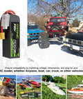 4S 14.8V 80C 450mAh LiPo Battery Long Size with XT30 Plug Two Pack for RC Cars Drones and Airplanes displayed with RC vehicles