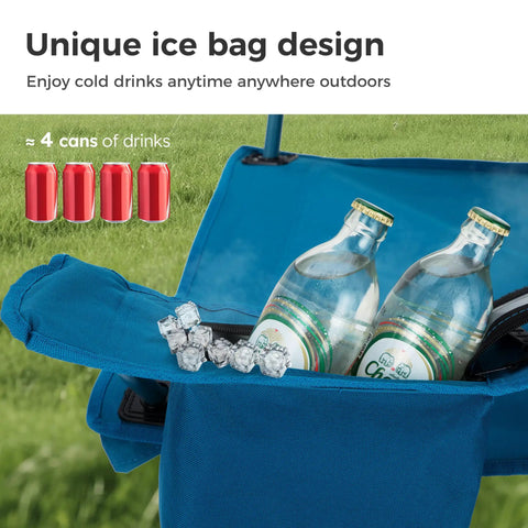 Two Pack Folding Camp Chairs With Built In Four Can Cooler, showcasing cooler filled with bottles and ice
