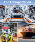 Collage of vehicle manufacturing, train maintenance, and cargo ship at port for transportation theme