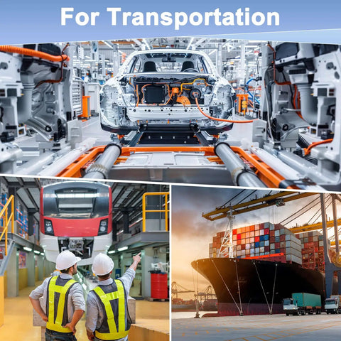 Collage of vehicle manufacturing, train maintenance, and cargo ship at port for transportation theme
