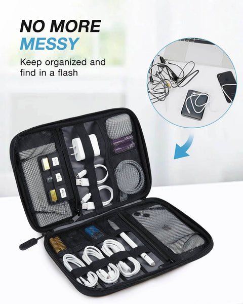 Open Travel Ready Electronics Organizer Case For Cords And Tech Gear, Handy Bag displaying organized cables and chargers compartments.