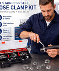 Huge Heavy Duty 179 Piece Stainless Steel Hose Clamp Assortment Kit With Durable Toolbox And Wrench. Perfect For Marine, Plumbing, Car Mechanic Jobs. Premium 304 Clamps Range From 1/4 To 2-3/4 Inches. Keep Gears Safe And Ready Anytime You Need Them Fast.