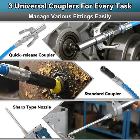 Beefy Cordless 12,000 PSI Heavy Duty Grease Gun with 3 universal couplers including quick-release, standard, and sharp nozzle.