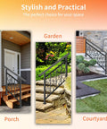 Adjustable Three Step Handrail For Outdoor Stairs with Heavy Duty Rust Resistant Zinc Steel Build showcased on porch, garden, and courtyard.