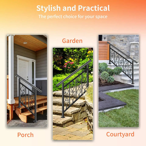 Adjustable Three Step Handrail For Outdoor Stairs with Heavy Duty Rust Resistant Zinc Steel Build showcased on porch, garden, and courtyard.