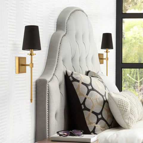 Dope Mid Century Modern Wall Sconce With Black Linen Cone Shade And Warm Brass Finish Slim Candle Wall Light With Elongated Stem For Bath Or Powder Room Decor