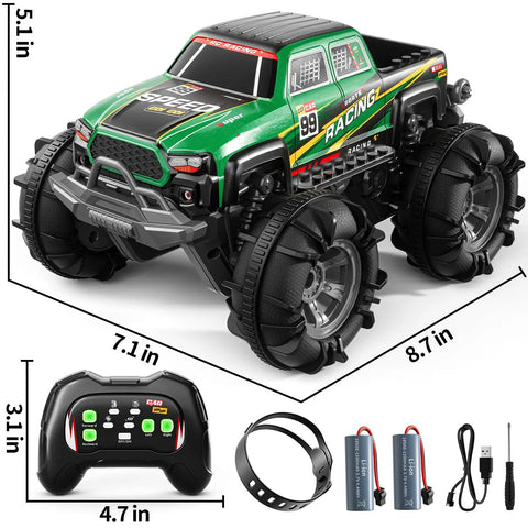 Green All Terrain Amphibious Remote Control Monster Truck For Kids Ages Six To Twelve With Spray And LED Lights Sick 360 Degree Flips