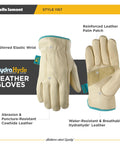 Women's Water-Resistant Leather Work Gloves with Puncture Resistance, Reinforced Palm Patch, Medium Size, HydraHyde Finish