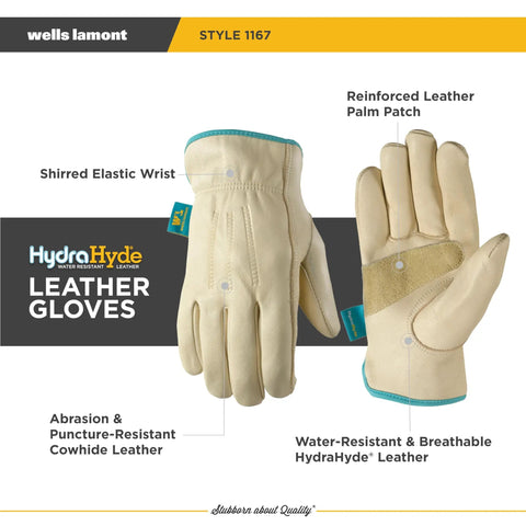 Women's Water-Resistant Leather Work Gloves with Puncture Resistance, Reinforced Palm Patch, Medium Size, HydraHyde Finish