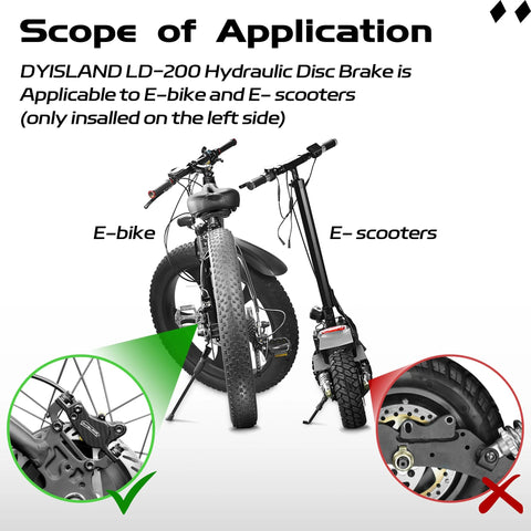 DYISLAND LD-200 2-piston hydraulic disc brake kit for e-bike; black with 1000mm front and 1850mm rear hoses.