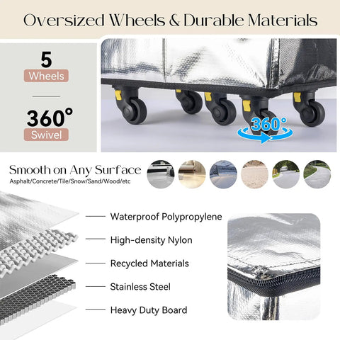 Heavy Duty Rolling Tote Bag With Five Wheels, Foldable Grocery Cart For Laundry Market And Travel, 67 Liter Capacity, Zippered Cover, Adjustable Handle, Durable Woven Fabric, Black, showing 360-degree swivel wheels and material composition.