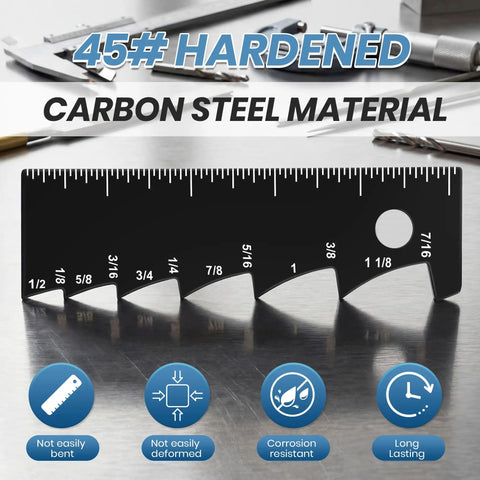 Dead On Sheet Metal Scribe Set Two Pieces Heavy Duty Layout Marking Tool With Adjustable Depth Gauge And Crisp Laser Etched Scale, carbon steel ruler with depth markings.