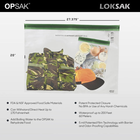 Odor Proof Dry Bags For Backpacking And Camping Reusable Resealable Storage Bags 28x20 Inches with camo gear inside.
