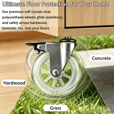 Badass 4-Inch Crystal Clear Caster Wheels With Brake M8x25mm Stem Heavy Duty Swivel Casters on hardwood and grass surfaces.