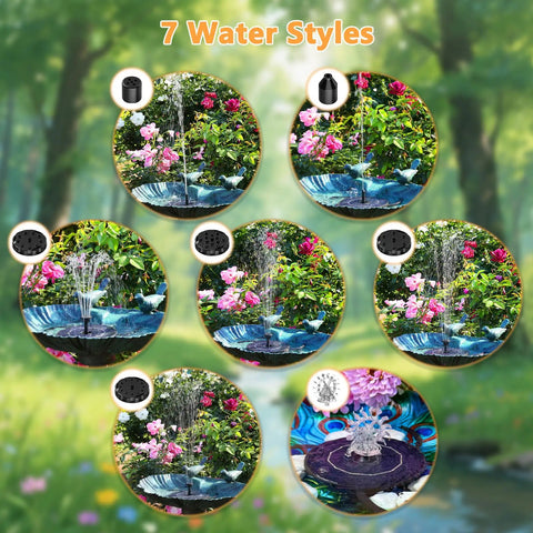 2.8W Solar Fountain Pump For Bird Bath And Outdoor Garden, Floating Solar Water Feature with 7 Nozzle Patterns in Operation