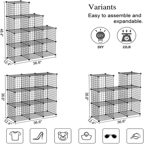 9 Cube Wire Storage Organizer With Metal Grid Panels, Modular Bookshelf And Closet Cabinet Black Finish, dimensions and icons