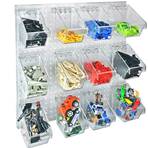 Clear Pegboard Wall Organizer With 12 Buckets 24W By 24H Panel Built To Last Heavy Duty High Impact Styrene Durable Garage And Workshop Storage Includes Hanging Hardware And Drywall Mounts holding toys and supplies