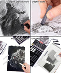 Compressed Charcoal Sticks Set 24 Pack Black And White Vine Charcoal for drawing and sketching shown in use with sample sketches.