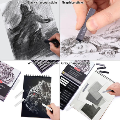 Compressed Charcoal Sticks Set 24 Pack Black And White Vine Charcoal for drawing and sketching shown in use with sample sketches.