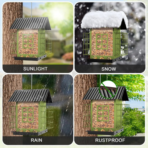 Heavy Duty Outdoor Bird Feeder With Double Suet Cage Hanging Metal Construction Weatherproof Finish in sunlight, snow, and rain.
