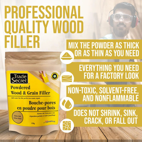 No Drama Wood Filler Powder For Straight Shooting Grain Repair And Total Game Changing White Oak Tintable Mix With Water To Crush Shrinking And Cracking 150 Gram Pack for wood repair