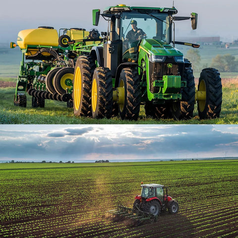 Two tractors in a field: top green John Deere with yellow wheels and hydraulic gear; bottom red tractor tilling rows.