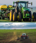 Two tractors in a field with planting gear; green John Deere with yellow wheels up front, red tractor in the background.