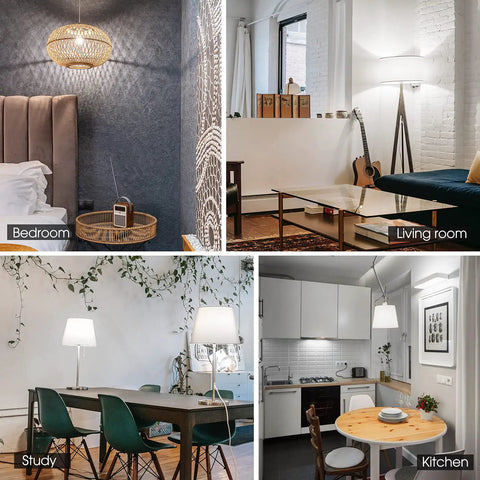 Four different rooms showcasing lighting setups, including bedroom, living room, study, and kitchen with assorted lamps.