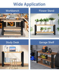 Image showing wide applications of the Heavy Duty Metal Workbench Leg Kit With Adjustable Height Design For DIY Projects 35.4 Inch Tall Custom Size And Color Built To Last For Shelving And Work Tables Lumber Not Included, used as a workbench, flower stand, study desk, and garage shelf.