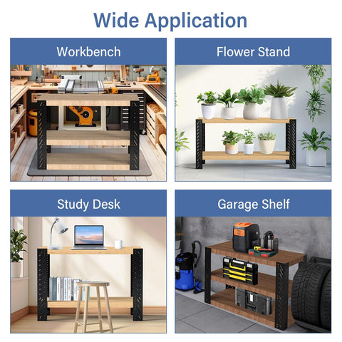 Image showing wide applications of the Heavy Duty Metal Workbench Leg Kit With Adjustable Height Design For DIY Projects 35.4 Inch Tall Custom Size And Color Built To Last For Shelving And Work Tables Lumber Not Included, used as a workbench, flower stand, study desk, and garage shelf.