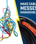 Split Wire Loom Tubing 3 Eighths Inch By 50 Feet Flexible Cable Wrap organizing wires, showing tangle vs. managed.