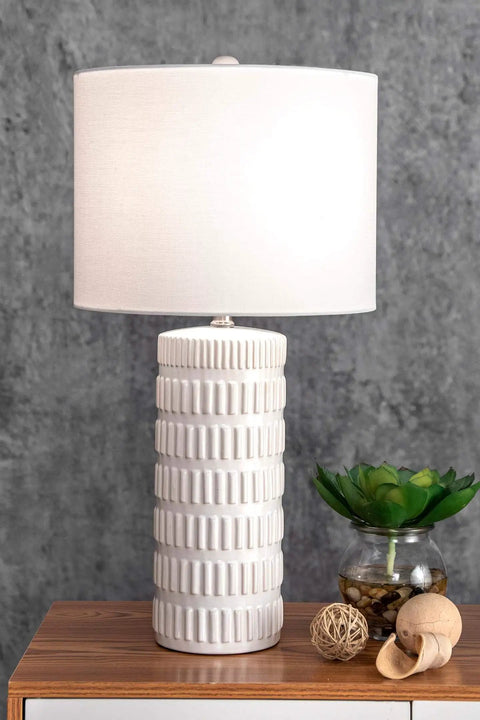 Franklin 25 Inch Ceramic Table Lamp With Linen Shade For End Tables And Living Rooms with textured base, modern decor.