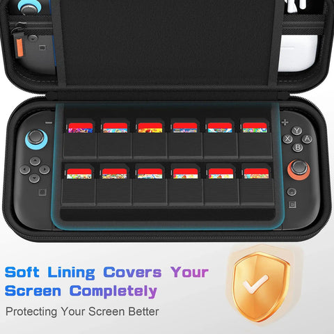Open Switch 2 Carrying Case With 24 Game Cartridges Protective Hard Shell showing game slots and console storage.