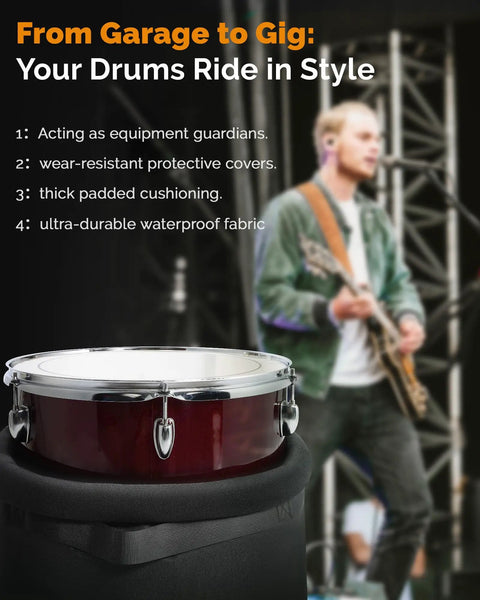 Superior Grade Five Piece Padded Drum Case Set Featuring Hella Heavy Duty Construction For 22 Inch Kick 12 And 13 Inch Rack Toms 16 Inch Floor Tom And Snare Pro Gear on stage with musician.
