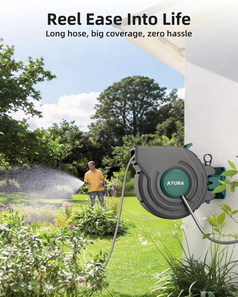 Retractable Garden Hose Reel 100 Feet One Half Inch With Pro Metal Shaft mounted on wall used for watering